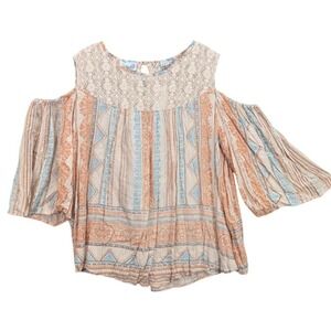 Emma G Cold Shoulder Top Crochet Lace Peasant Boho Tunic Rayon Womens Size L NWT